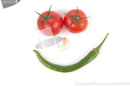 Image of Chili pepper, garlic and tomatos isolated on white background