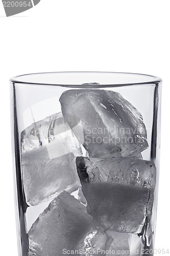 Image of photo of empty glass with ice cubes on white background