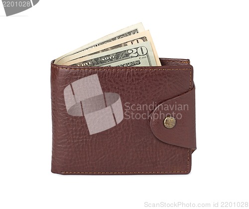Image of brown leather wallet with money isolated on white background