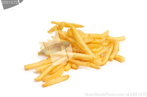 Image of pile of appetizing french fries on a white background