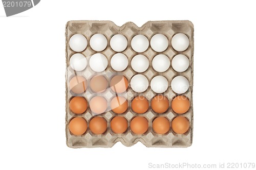 Image of twenty four of white and brown eggs in the box