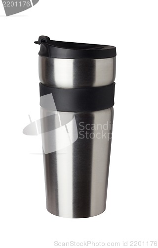 Image of Thermos travel tumbler, cup. Closeup.