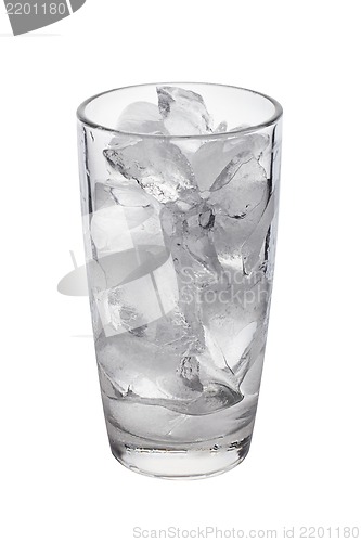 Image of photo of empty glass with ice cubes on white background