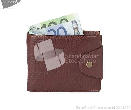 Image of brown leather wallet with money isolated on white background