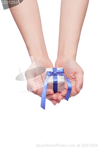 Image of christmas gift with decorative blue ribbon bow