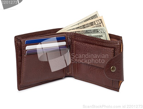 Image of brown leather wallet with money isolated on white background