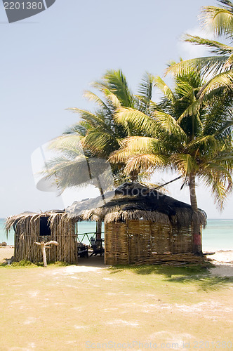 Image of thatch roof bamboo  beach restaurant bar Big Corn Island Nicarag