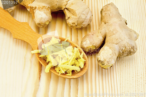 Image of Ginger fresh grated in a wooden spoon
