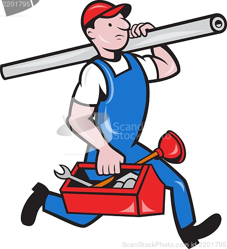 Image of Plumber With Pipe Toolbox Cartoon