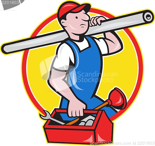 Image of Plumber With Pipe Toolbox Cartoon
