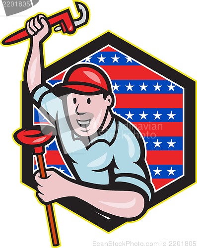 Image of Plumber With Monkey Wrench And Plunger Cartoon