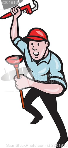 Image of Plumber With Monkey Wrench And Plunger Cartoon