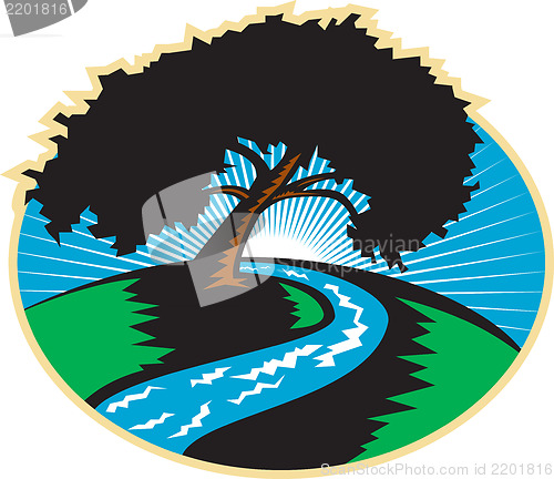 Image of Pecan Tree Winding River Sunrise Retro