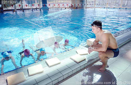 Image of happy children group  at swimming pool