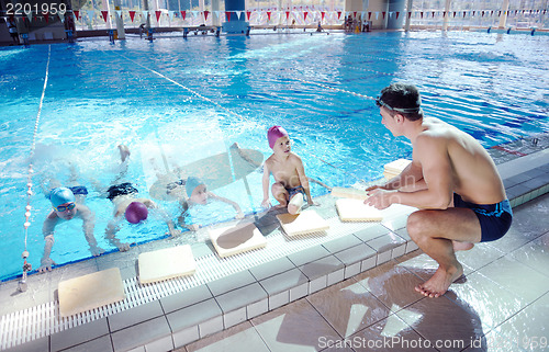 Image of happy children group  at swimming pool