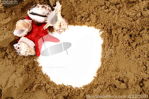 Image of sea shells, paper and yellow sand 