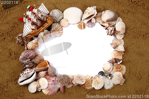 Image of shells, sand, white paper
