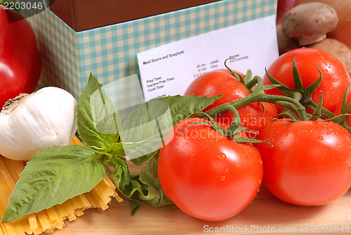 Image of Recipe box with ingredients for spaghetti