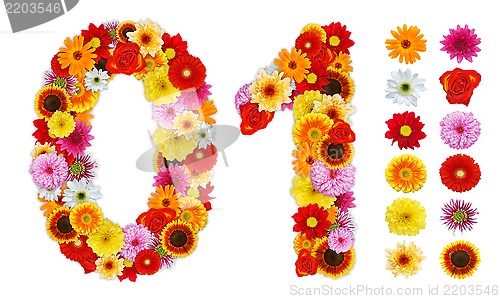 Image of Numbers 0 and 1 made of various flowers