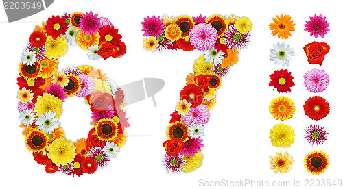 Image of Numbers 6 and 7 made of various flowers