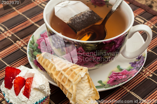 Image of cup of tea with pastry after dinner