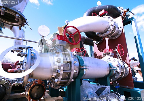 Image of Industrial zone, Steel pipelines and cables in blue tones