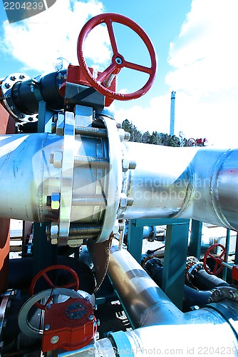 Image of Industrial zone, Steel pipelines and cables in blue tones