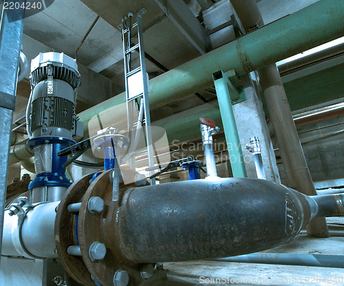 Image of Industrial zone, Steel pipelines and cables in blue tones