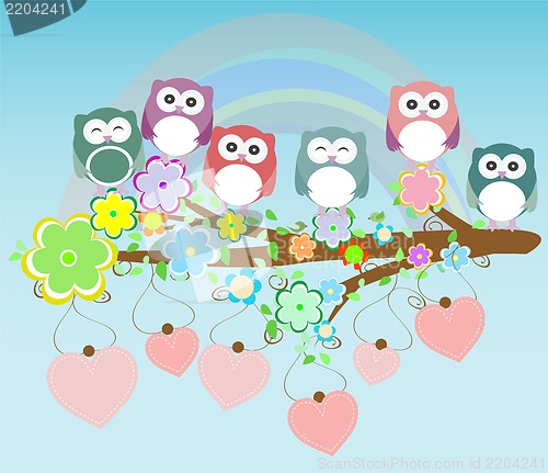 Image of owls birds and love heart tree branch