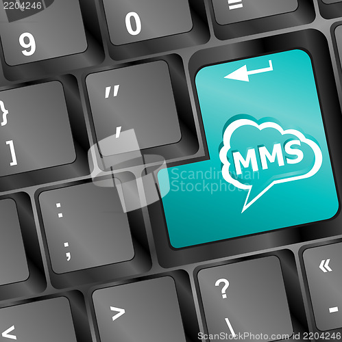 Image of Social media key with mms text on laptop keyboard