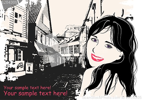 Image of fashion girl in sketch style on a  Scandinavian city-background.