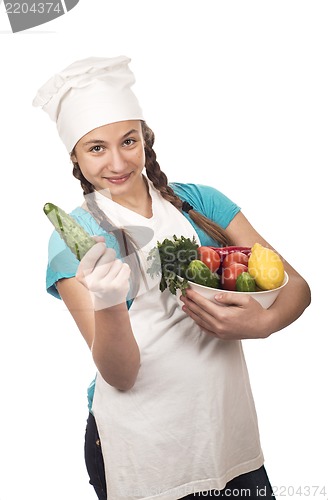 Image of girl cook and products on white background