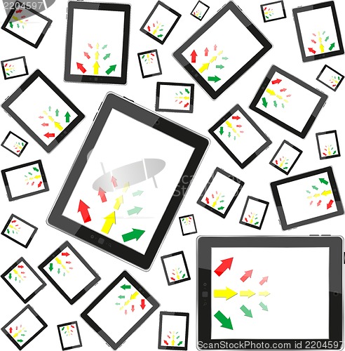 Image of Tablet pc with business arrow on screen seamless pattern