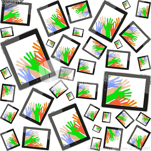 Image of Tablet pc with hand on screen seamless pattern