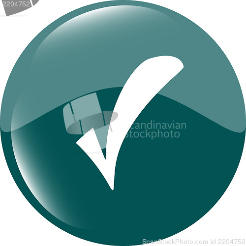 Image of Green glossy web button with check mark sign. Rounded shape icon