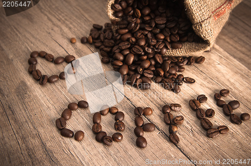 Image of Grains of coffee on a wooden surface