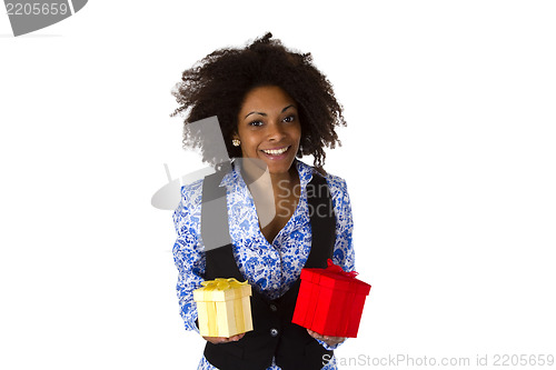 Image of African american woman with gift boxes 