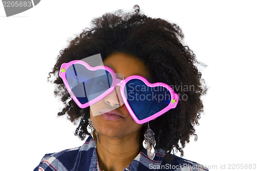 Image of Funny afro american with pink sunglasses