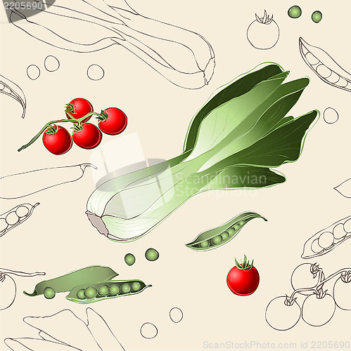 Image of Seamless background. Illustration tomato, spinach, green peas. 