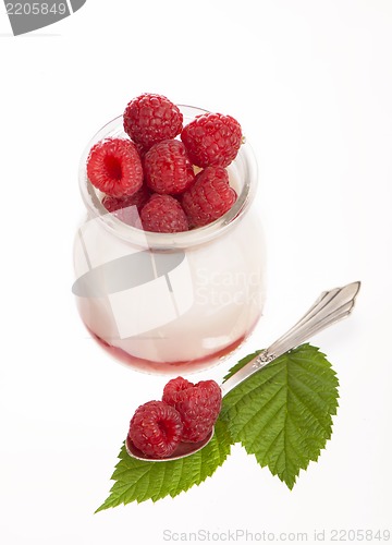 Image of Fresh Yogurt in a jar with Raspberries, leaves