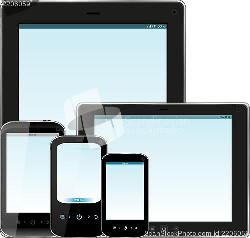 Image of Set of realistic display, tablet computer and mobile phone template with blue screen