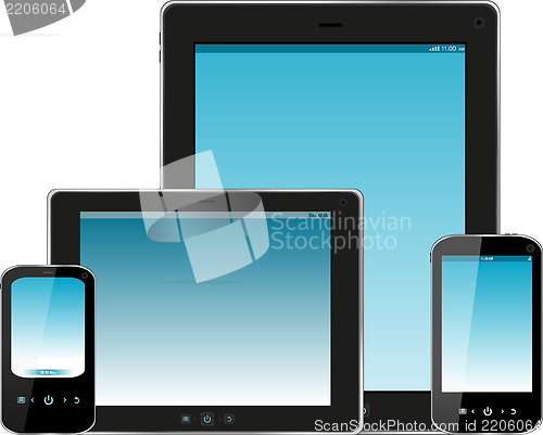 Image of Tablet pc and smartphone with blue screen