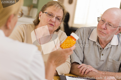Image of Doctor or Nurse Explaining Prescription Medicine to Senior Coupl