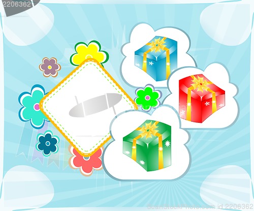 Image of seamless pattern with gift boxes, empty frame and cute flowers