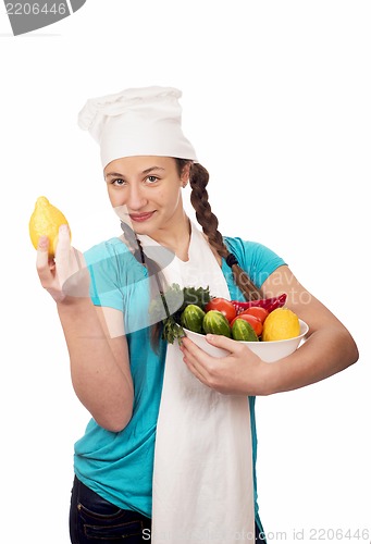 Image of girl cook and products on white background
