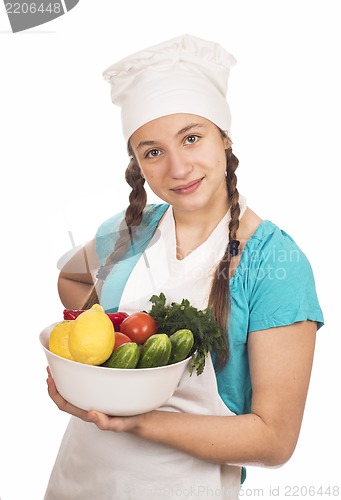Image of girl cook and products on white background