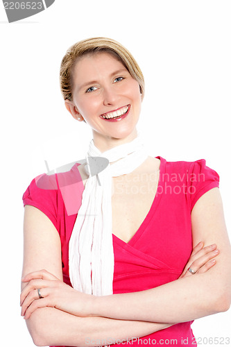 Image of Joyful stylish blond woman