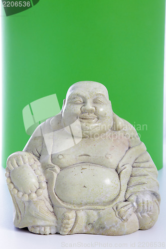 Image of A buddha figurine against a green background