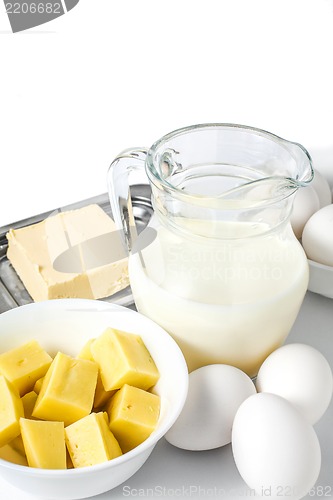 Image of Fresh dairy products on white background