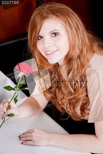 Image of happy couple in restaurant romantic date 